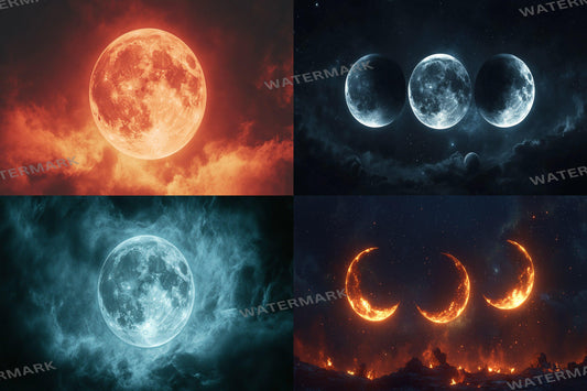 Celestial Moons streaming background, 16:9 ratio. Dreamy moons, starry sky, glowing landscape, digital backdrop. Photography Background