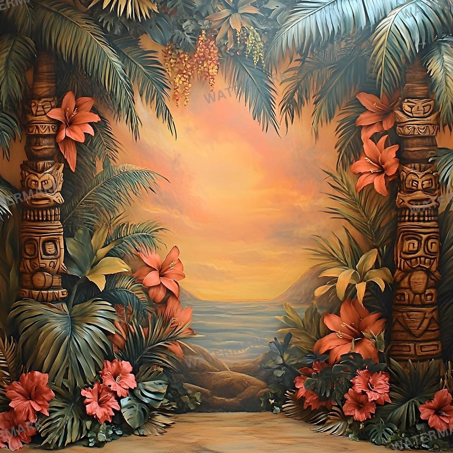Tropical Luau Backdrops - Vibrant Beach & Palm Tree Digital Backgrounds for Summer Photography - Tropical, Hawaii, Studio Backgrounds