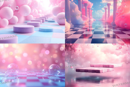 Wonderland Checkers Digital Backdrop Bundle - Surreal Fantasy Backgrounds with Checkerboard Floors for Whimsical Photoshop Composites Craft