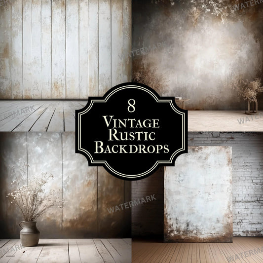 Vintage Rustic Backdrops - Photography Backdrops for Portraits, Product Photography - Includes Weathered Wood and Distressed Walls