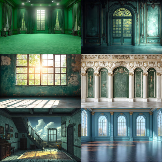 Royal Green Interior Digital Backdrop Collection, Photography Backgrounds, Elegant Home Photo Overlays, Virtual Studio Scenes, Fine Art Textures