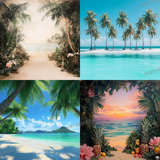 TROPICAL PHOTOGRAPHY BACKDROPS Digital Backgrounds for Photography, Bright Colorful Beaches, Palm Trees, Oceans & Floral Scene Overlays