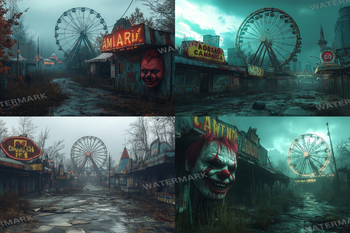 Eerie Abandoned Carnival Backdrop: 4PNGs for Unique Commercial Photography, Spooky Themed, Dark Artistic Digital Backdrops