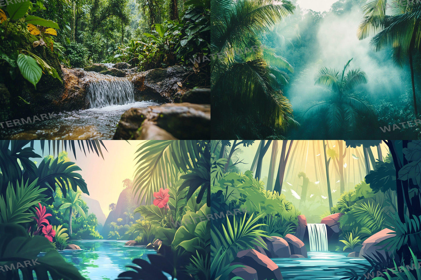 Tropical Forest streaming background, 16:9 ratio. Lush nature scenery with vibrant greenery and waterfalls, photography backdrop.