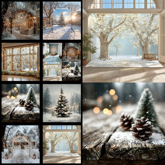 White Gold Christmas Backdrop, Snowy Outdoor Scene, Holiday Photography Background, Winter Wonderland Digital Photo Prop, Image