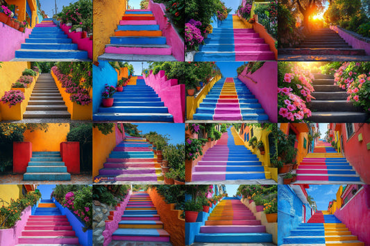 Colorful Urban Stairs Digital Backdrops for Photography & Photoshop Composites | Vibrant Steps Digital Backgrounds and Overlay Scenes