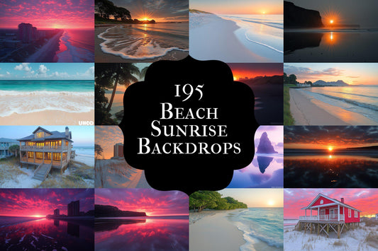 Beach Sunrise Backdrop: 19PNGs for Coastal Ocean Dawn Photography, Tropical Golden Hour Shore Scenes, Seaside Morning Digital Backdrops