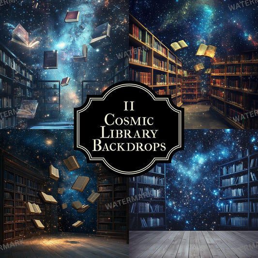 Cosmic Library Backdrop - Set of 9 Digital Backgrounds and Photoshop Overlays for Portraits, Fantasy, Magical, Wizarding School Backdrops