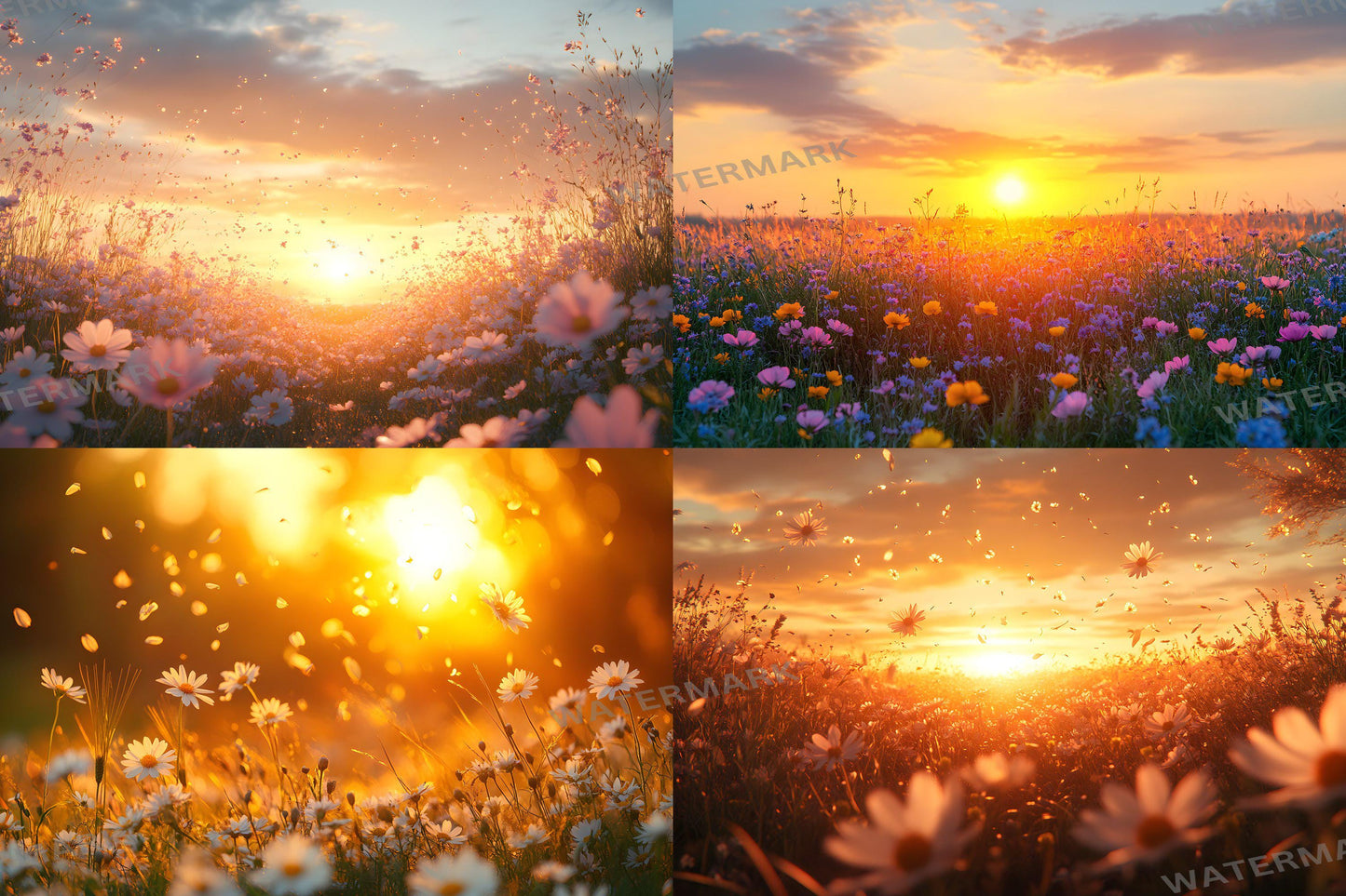 Sunset Wildflowers Digital Backdrops - Warm Golden Hour Field, Summer Bloom Photography Backgrounds - Maternity, Wedding Backdrops