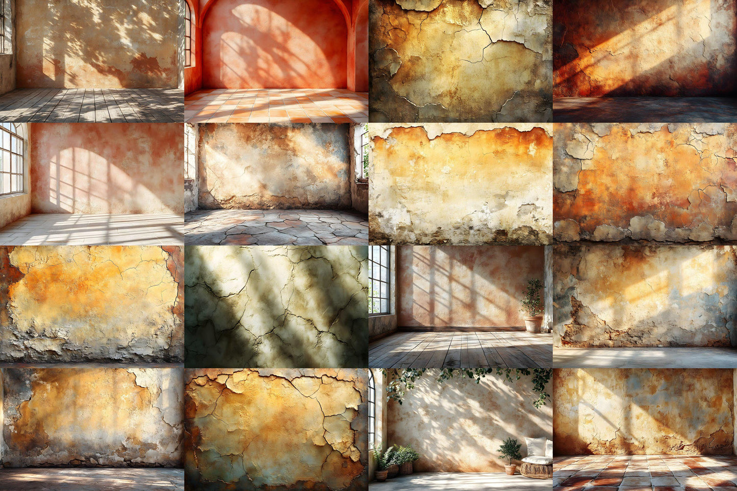 Sunlit Clay Wall Backdrop, Rustic Textured Background, Aged Plaster Walls, Warm Earthy Decor, Mediterranean Aesthetic, Photography Setting