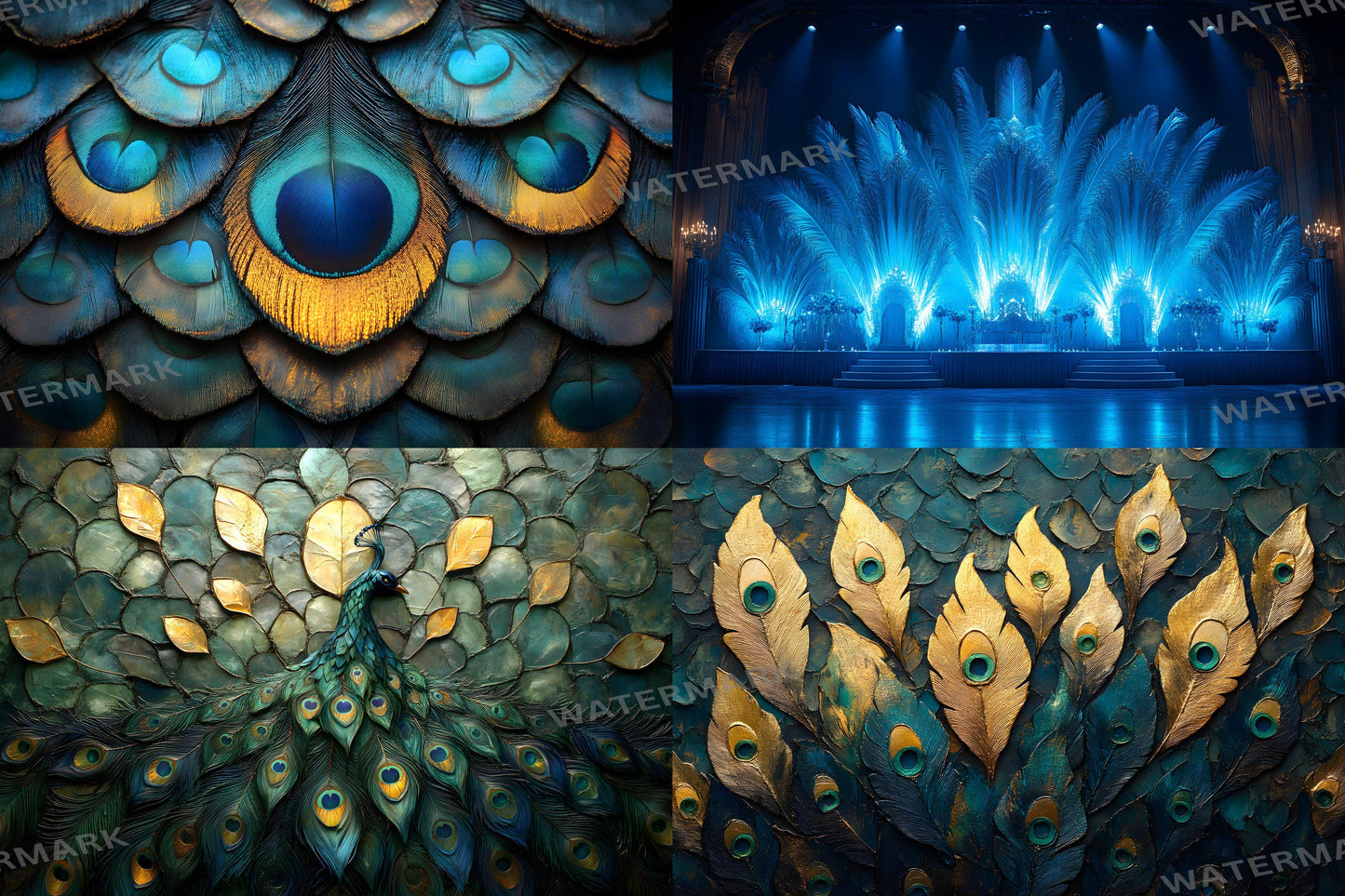Peacock Deco Stage Backdrops | Elegant Art Deco Peacock Digital Backgrounds | Luxurious Gold & Teal Stage Design | Instant Download
