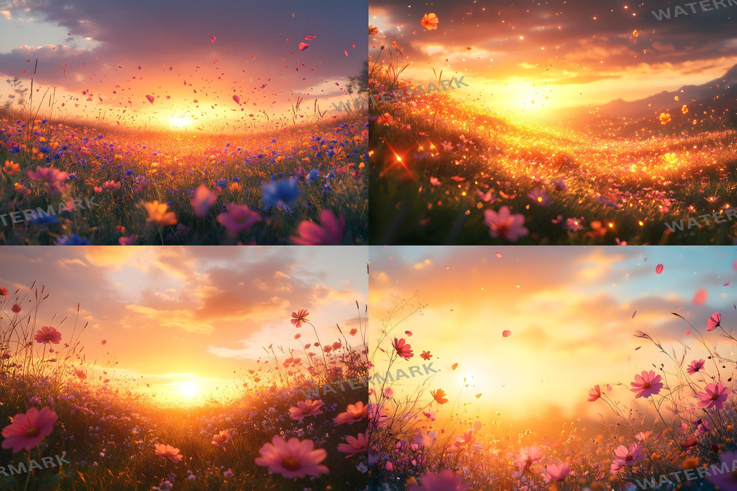 Sunset Wildflowers Digital Backdrops - Warm Golden Hour Field, Summer Bloom Photography Backgrounds - Maternity, Wedding Backdrops