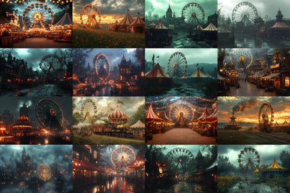 Steampunk Carnival Backdrops | Vintage Circus | Mechanical Fairground | Retro Fantasy | Digital Backgrounds