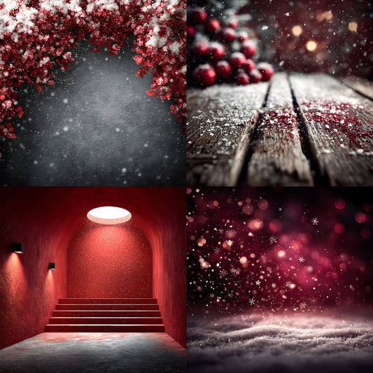 Red Indoor Christmas Backdrop Snowy Window, Holiday Photo Background, Festive Digital Photography Prop, Square Winter Scene, Cozy Fireplace