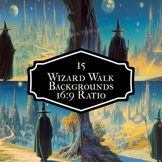 Wizard Walk digital backdrop, 16:9 ratio. Magical forest path with glowing lights and ancient ruins, perfect for streaming or TV wallpaper