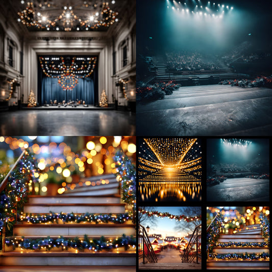 Stage Stairs Lights Garland Digital Backdrop, Photography Background for Performers, Theater Stage Image, Square Photo Booth Prop, Concert Event