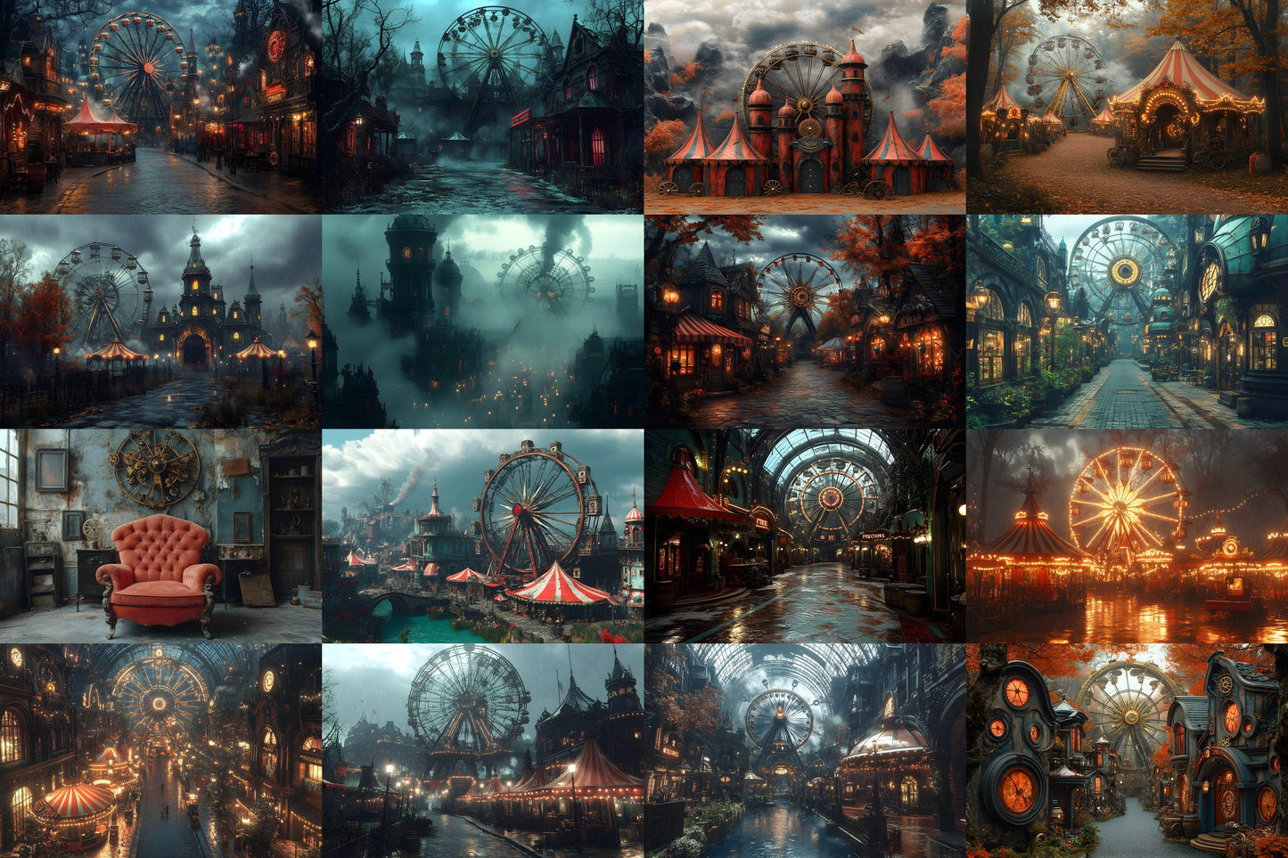 Steampunk Carnival Backdrops | Vintage Circus | Mechanical Fairground | Retro Fantasy | Digital Backgrounds