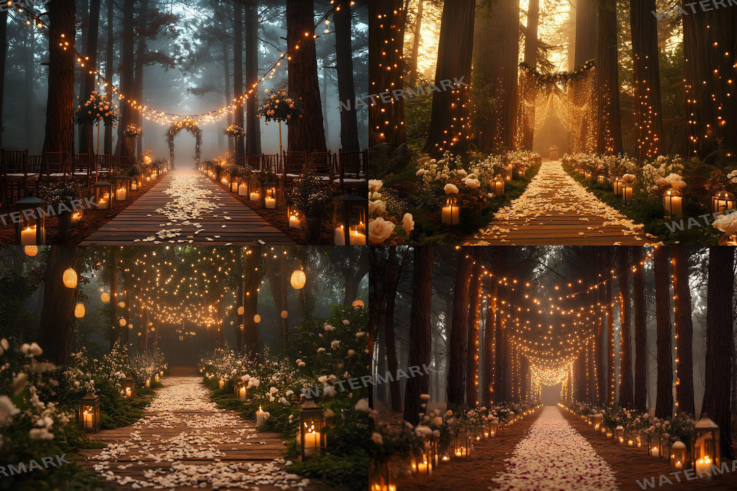 Forest Wedding Backdrops ��������� Rustic Elegance with Fairy Lights and Candlelit Paths - 3:2 Ratio - Wedding Photography - Wedding Backgrounds