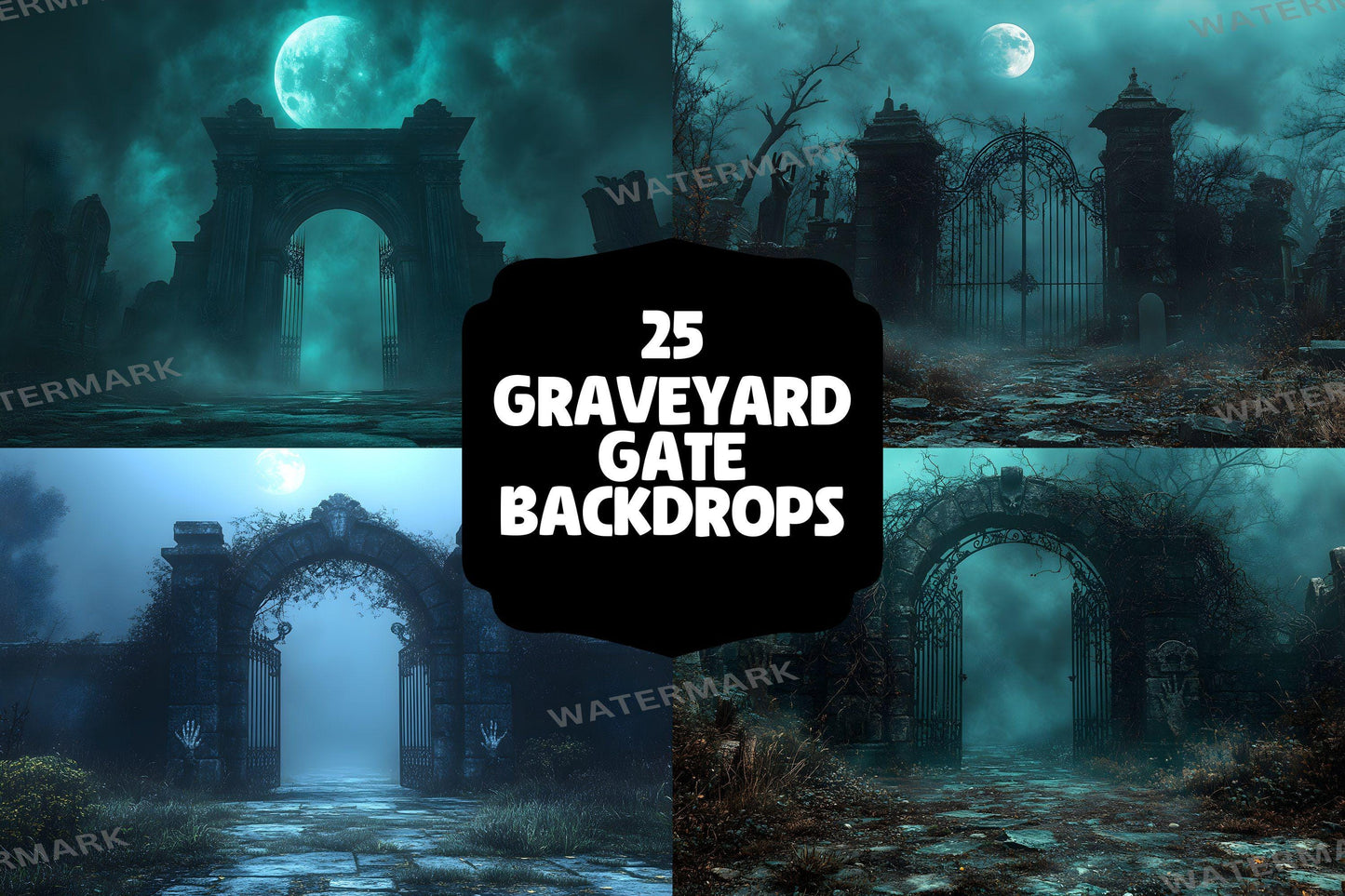 Spooky Graveyard Gate Backdrop | Gothic Digital Background | Halloween Photography Scene