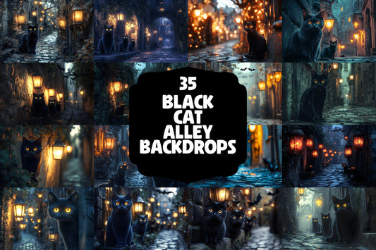 Black Cat Alley Backdrops, Night Urban Moody City Digital Background - Feline, Mysterious Dark Street Scene, Witchcraft - Witch's Cat