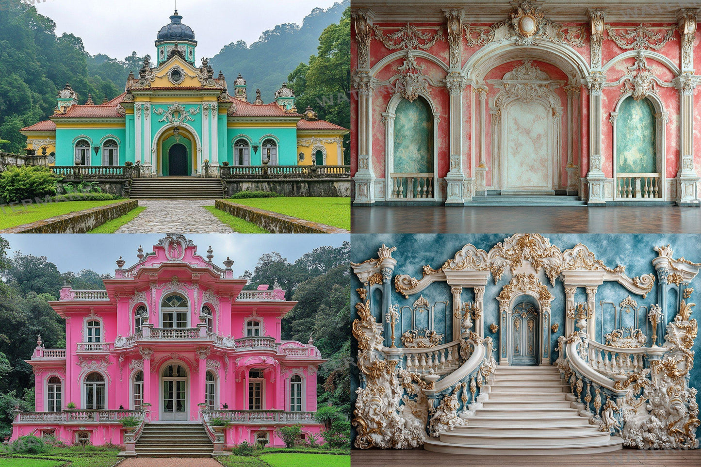 Baroque House Interior Backdrops, Elegant Mansion Photography Backgrounds, Ornate Architecture - Colorful Buildings - Baroque Backdrops