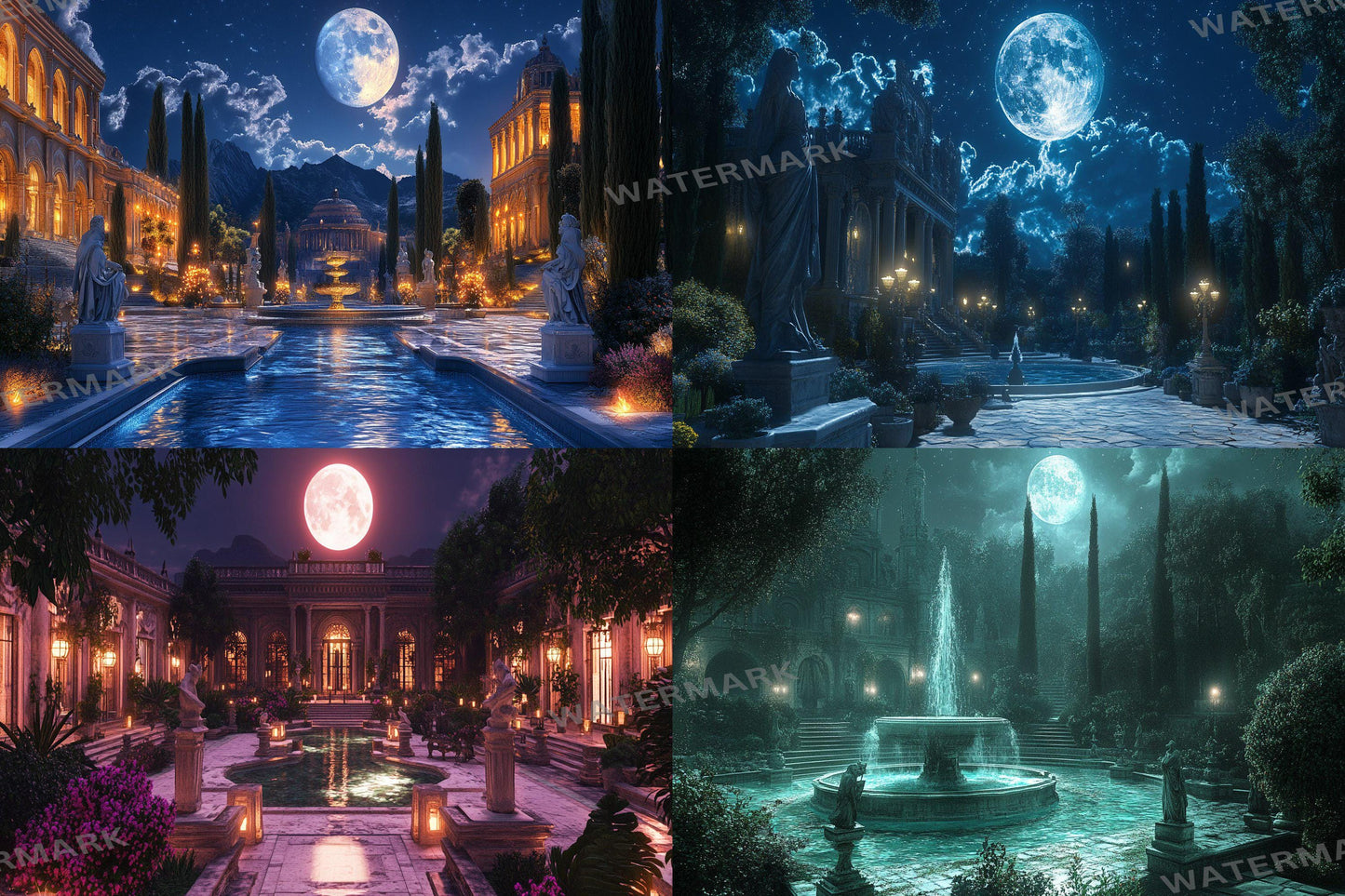 Moonlit Palace digital backdrop, 16:9 ratio. Majestic palace under the glow of the moon, perfect for streaming backgrounds or TV wallpaper