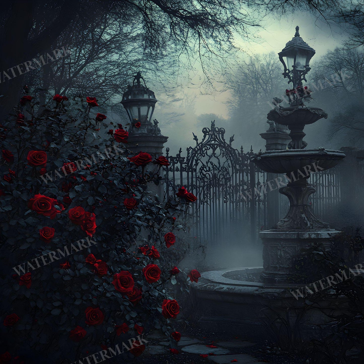 Gothic Rose Floral Digital Backdrop - Photography, Crafts, Storytelling - Gothic Background - Red Gothic Roses in Abandoned Gothic Courtyard