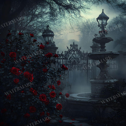 Gothic Rose Floral Digital Backdrop - Photography, Crafts, Storytelling - Gothic Background - Red Gothic Roses in Abandoned Gothic Courtyard
