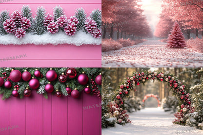 Fuchsia Outdoor Christmas Backdrops | Digital Winter Wonderland Scenes | Holiday Photography Backgrounds - Pink Christmas Backgrounds