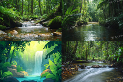 Tropical Forest streaming background, 16:9 ratio. Lush nature scenery with vibrant greenery and waterfalls, photography backdrop.