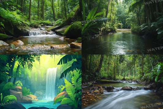 Tropical Forest streaming background, 16:9 ratio. Lush nature scenery with vibrant greenery and waterfalls, photography backdrop.
