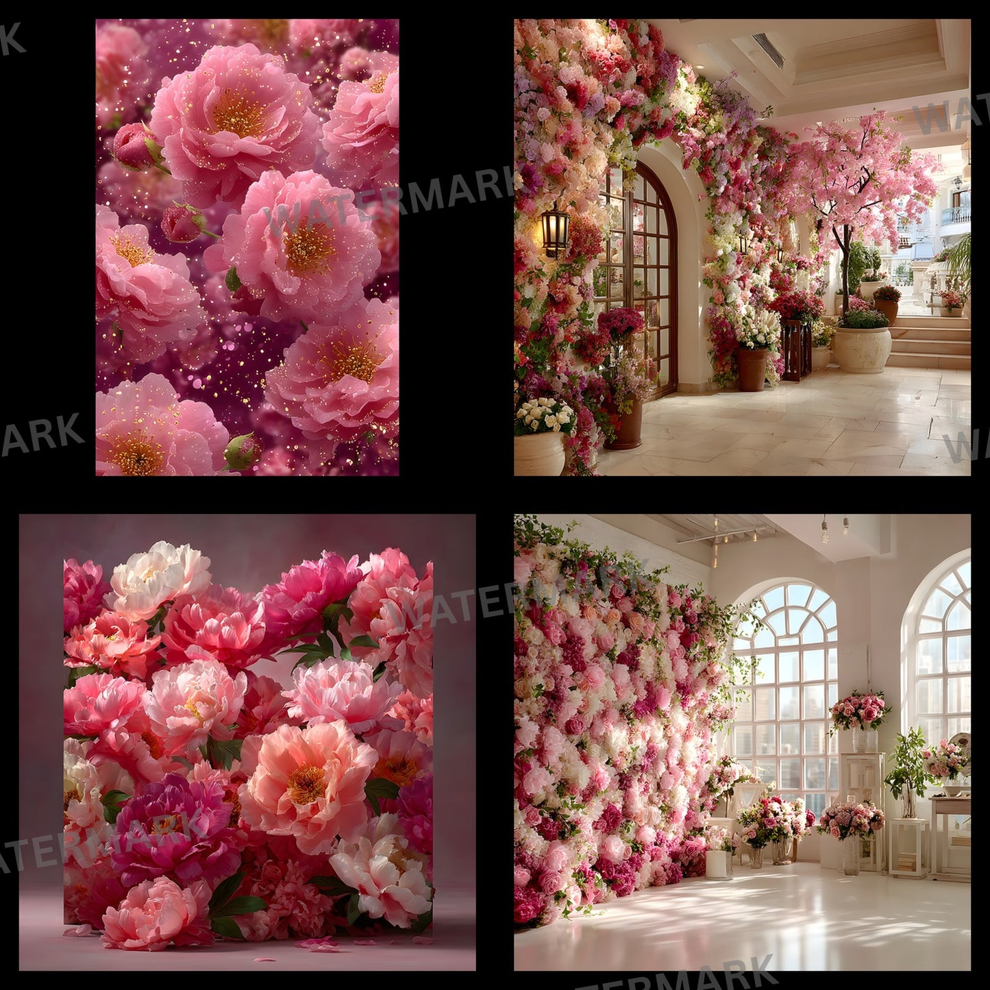 Pink Peony Flower Wall Digital Backdrop, Floral Photography Background for Spring, Square Photo Booth Prop, Wedding, Birthday Party, High Resolution Images