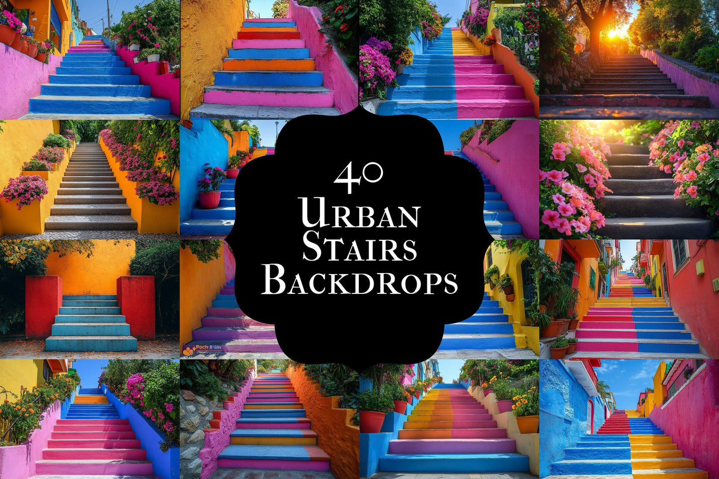 Colorful Urban Stairs Digital Backdrops for Photography & Photoshop Composites | Vibrant Steps Digital Backgrounds and Overlay Scenes