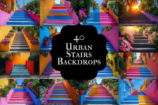 Colorful Urban Stairs Digital Backdrops for Photography & Photoshop Composites | Vibrant Steps Digital Backgrounds and Overlay Scenes