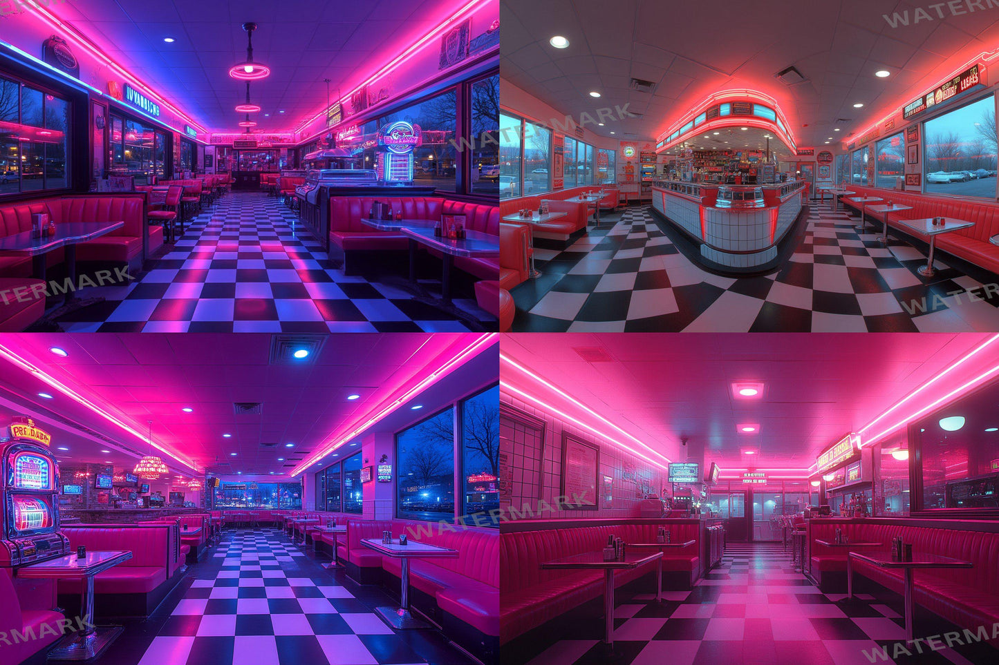 Retro Diner Backdrop: 3PNGs for Vintage Photo Editing, s Style Photography Props, Classic American Diner Digital Backdrops