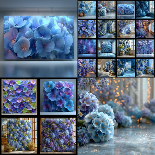 Blue Hydrangea Flower Wall Digital Backdrop, Floral Photography Background for Spring Portraits, for Social Media, Wedding Photo Booth Prop