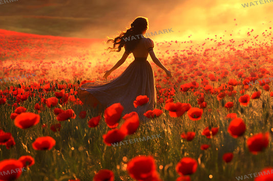 Enchanted Poppy Fields Digital Backdrop, Wizard of Oz Photography Background with Figures, Red Flower Fantasy Landscape Art