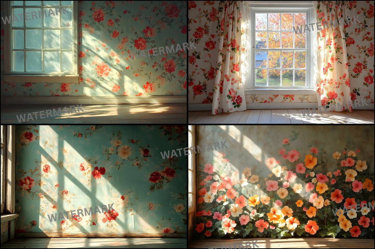 Floral Vintage Wallpaper Digital Backdrop, Shabby Chic Photography Background, Antique Flower Portrait Photo Booth, Images