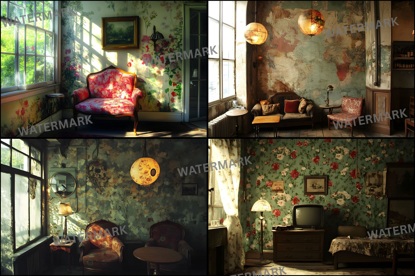 Vintage Wallpaper Room Digital Backdrop, Photography Background, Antique Interior Photo Prop, Elegant Scene Setter