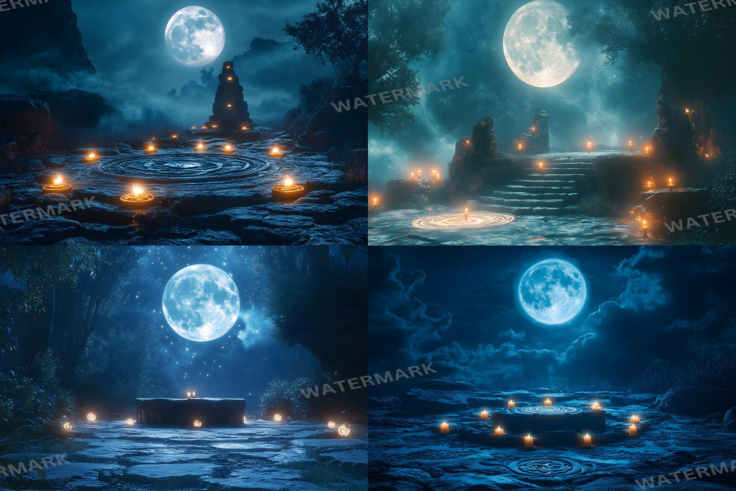 Moonlit Spellcasting Backdrops, Mystical Night Magic Circles, Enchanted Landscapes, Sorcerer Aesthetic, Digital Fantasy Backgrounds