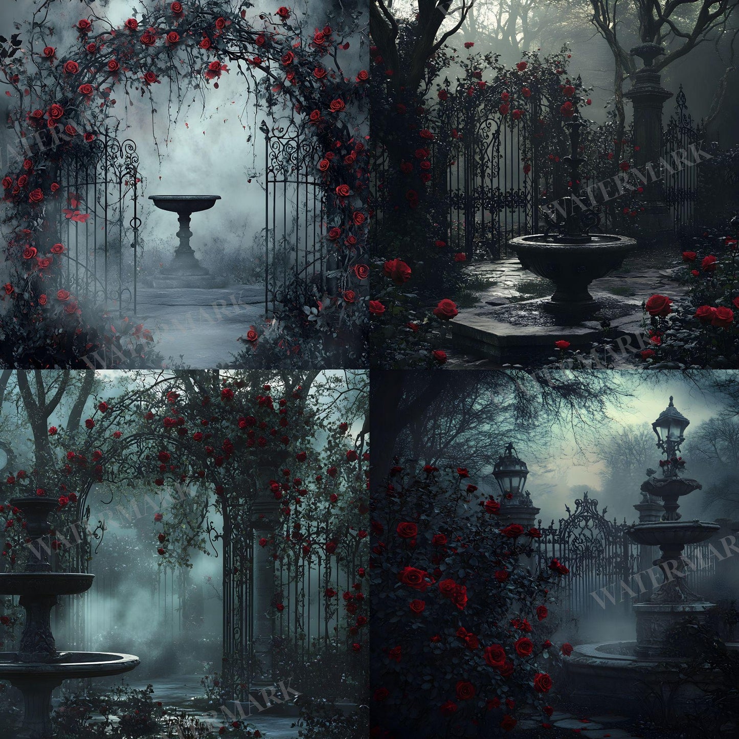 Gothic Rose Floral Digital Backdrop - Photography, Crafts, Storytelling - Gothic Background - Red Gothic Roses in Abandoned Gothic Courtyard