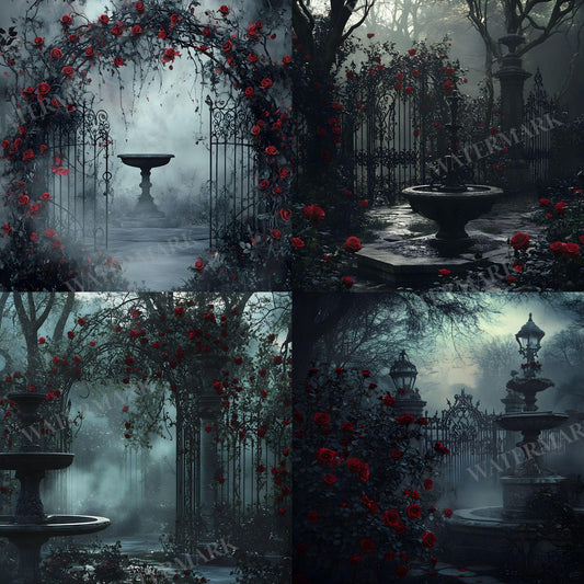 Gothic Rose Floral Digital Backdrop - Photography, Crafts, Storytelling - Gothic Background - Red Gothic Roses in Abandoned Gothic Courtyard