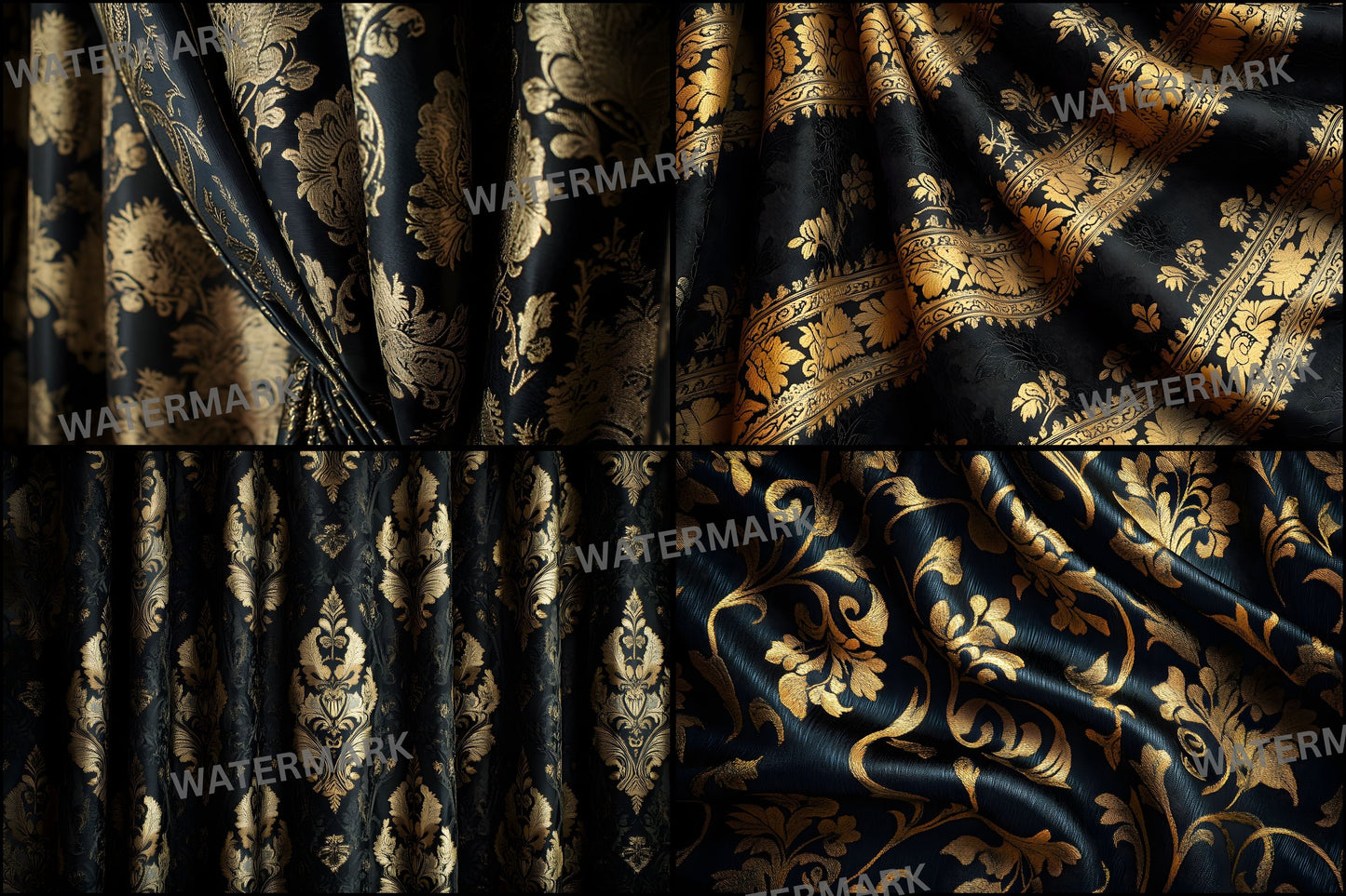 Black Gold Brocade Curtains Digital Backdrop, Elegant Photography Background, Luxury Portrait Photo Booth, Printable Fabric Texture, Ratios