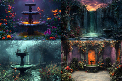 Witch's Eerie Garden Digital Backdrops - Spooky Enchanted Forest & Mystical Night Scenes for Halloween