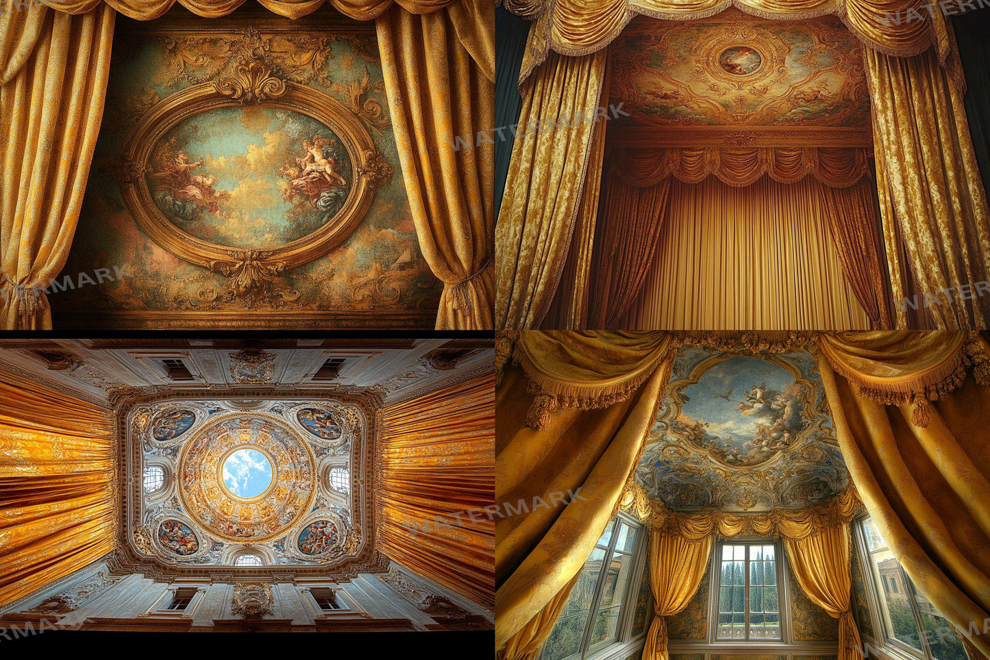Baroque Regal Fresco Digital Backdrops, Grand Palace Ceiling Photography Backgrounds, Ornate Royal Interior - Baroque Luxury Room
