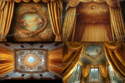 Baroque Regal Fresco Digital Backdrops, Grand Palace Ceiling Photography Backgrounds, Ornate Royal Interior - Baroque Luxury Room