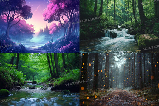 Fairy Forest digital backdrop, 16:9 ratio. Magical glowing forest with fireflies and soft light, perfect streaming background