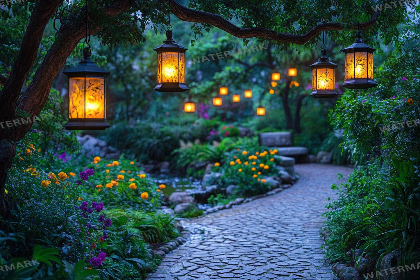 Hidden Lantern Garden Backdrop: PNGs for Enchanting Night Photography, Magical Forest Lantern Scenes, Serene Secret Garden Backdrop
