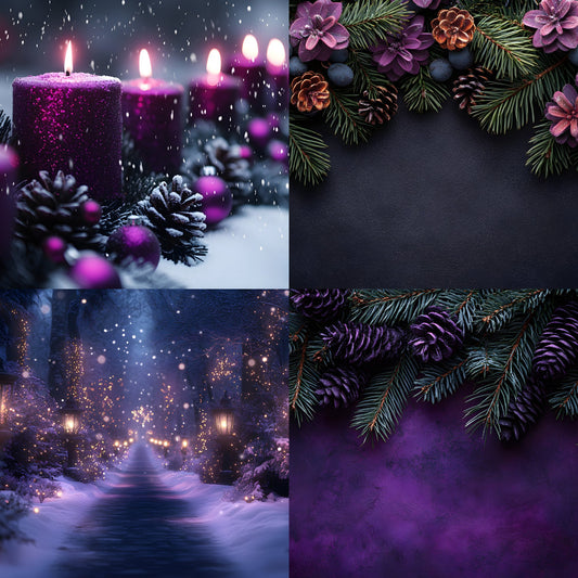 Gothic Purple Christmas Backdrop Set, Festive Holiday Backgrounds, Dark Winter Photography, Digital Photo Overlays, Fantasy Xmas Scenes