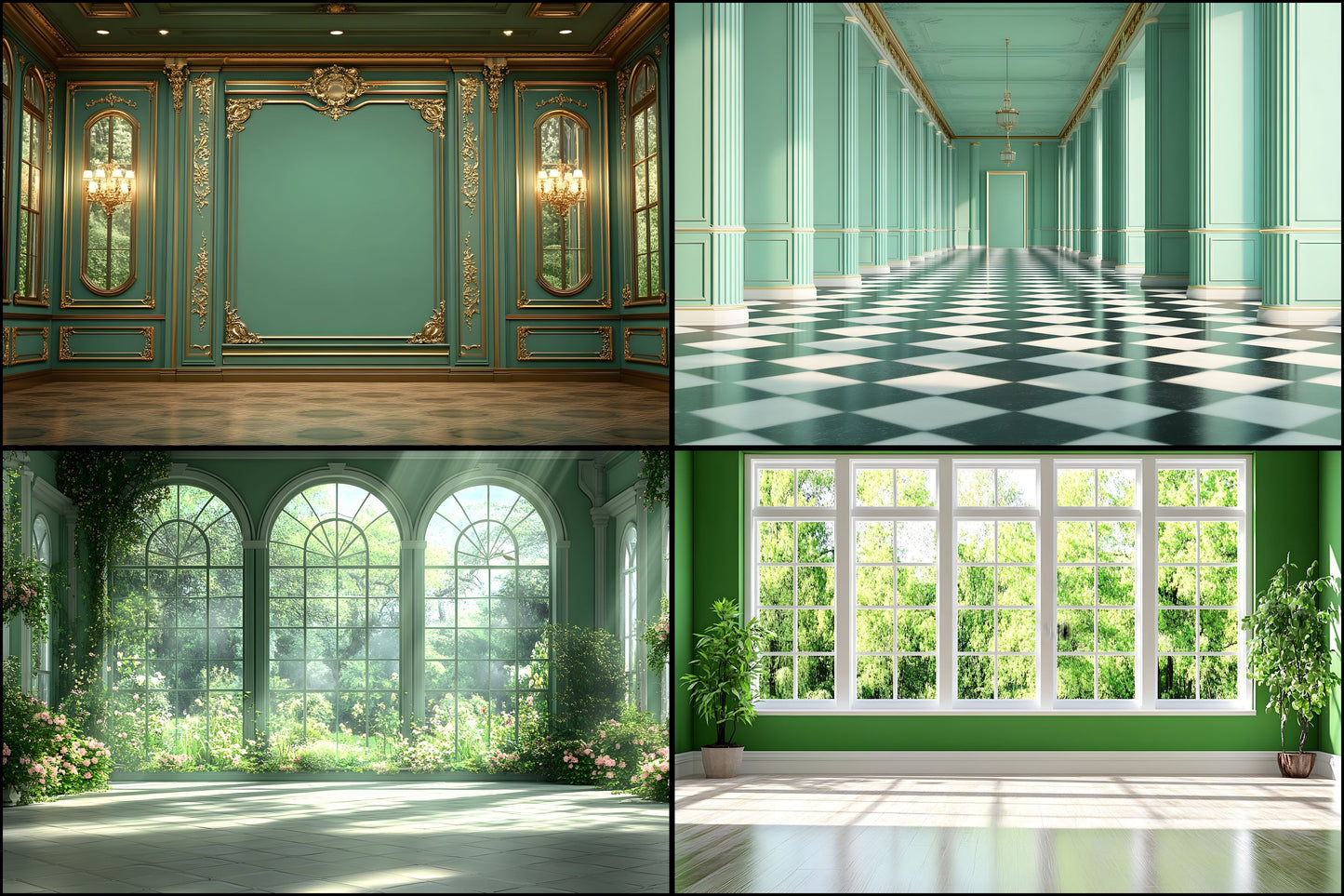 Royal Green Interior Digital Backdrop Collection, Photography Backgrounds, Elegant Home Photo Overlays, High-Resolution Images for Composites
